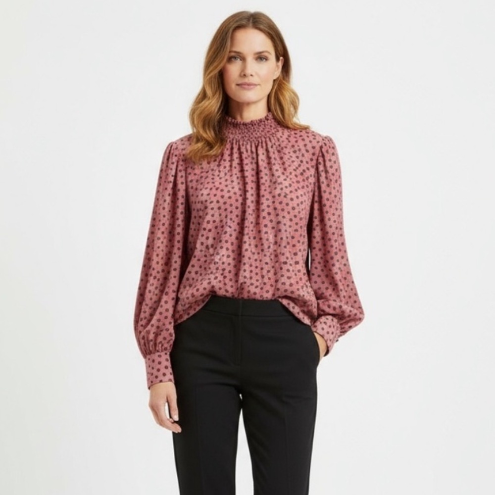 Ann Taylor SP Dusty Rose Hearts Longsleeves Blouse with Smocked Neck